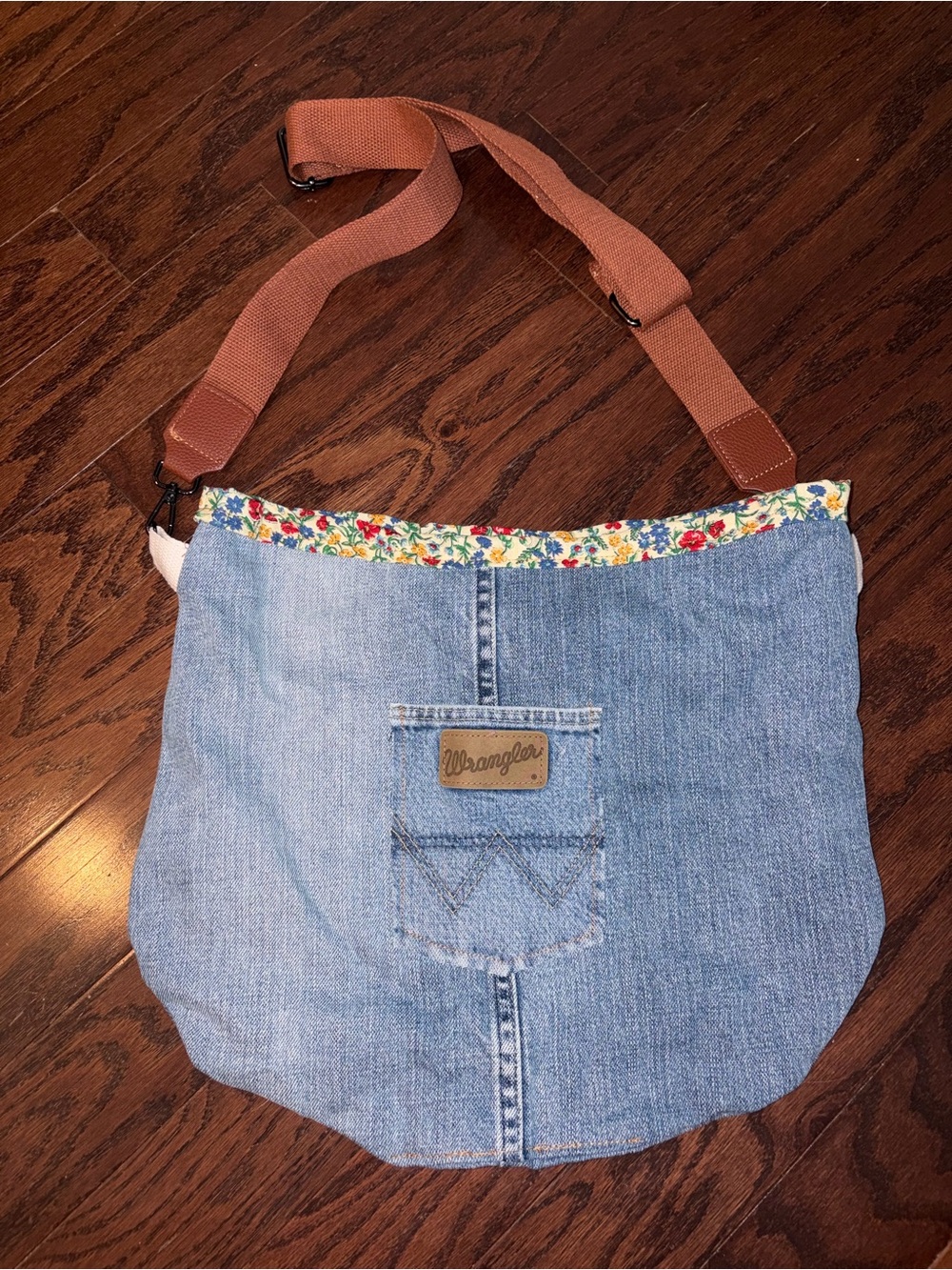 Wrangler Handmade Denim Shoulder Bag with Brown Strap and Floral Trim